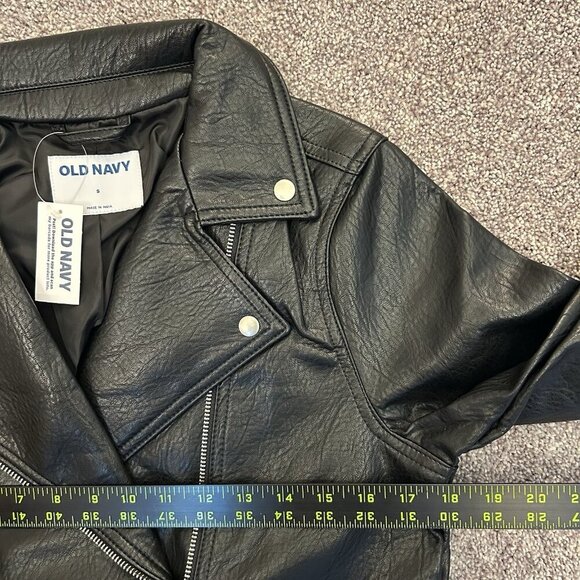 Old Navy Women's Faux Leather Belted Biker Jacket Size S Black Full Zip NWT - Picture 15 of 16
